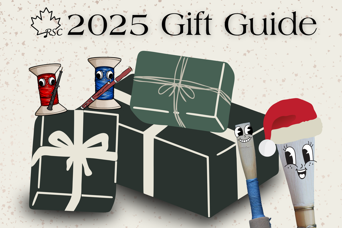 text of "2025 Gift Guide" with some happy cartoon reeds and thread opening gifts