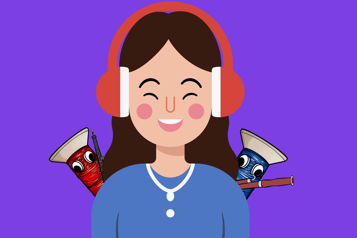 Woman wearing protective ear gear with two characters popping out from behind her shoulders.
