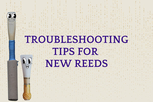 Graphic with two cartoon reeds and the words troubleshooting tips for oboe reeds
